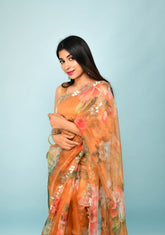 Special Handwork With Flower Print On Orange Organza Saree